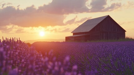 Poster - An enchanting view of a lavender farm in full bloom at sunset, with rows of purple flowers and a rustic barn silhouetted against the sky, Lavender sunset scene