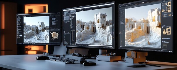 Poster - A workspace featuring multiple monitors displaying 3D models of a snow-covered landscape.