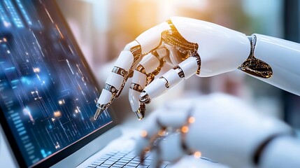 Poster - A robotic hand interacts with a laptop, showcasing advanced technology and digital interfaces.