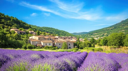 Poster - An enchanting view of a quaint village nestled in a valley with blooming lavender fields, surrounded by rolling hills and a clear blue sky, Lavender village scene