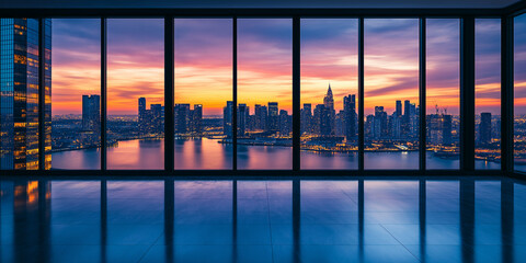 Aufkleber - Empty modern office interior overlooking vibrant cityscape at sunset