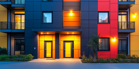 Poster - Modern apartment building exterior with orange and red facade at dusk