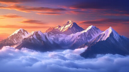 Poster - An enchanting view of a sea of clouds blanketing the peaks of the Himalayas at sunrise, Himalayan clouds scene, Ethereal style