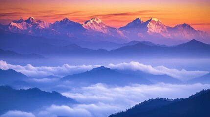 Poster - An enchanting view of a sea of clouds blanketing the peaks of the Himalayas at sunrise, Himalayan clouds scene, Ethereal style