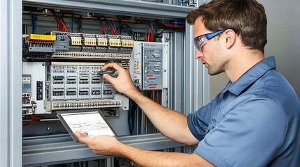 Poster - A technician working on a control panel with a tablet in an industrial setting.