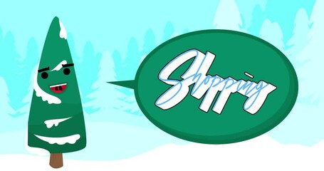 Poster - Pine Tree forest with Shopping text, cartoon holiday winter woodland landscape animation with moving trees.