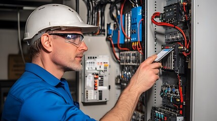 Poster - A technician inspects electrical equipment in a control panel.