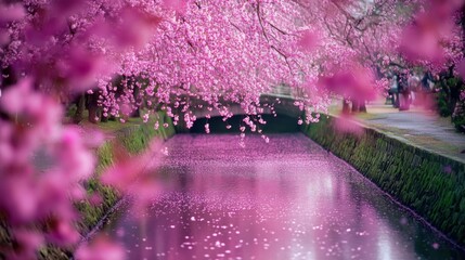 Poster - An enchanting view of the Sakura cherry blossoms in full bloom at the Philosopher's Path in Kyoto, Japan, with pink petals floating on the canal under a canopy of cherry trees