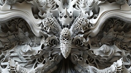 Poster - Abstract 3D fractal art piece in white with intricate patterns complex geometric shapes for futuristic design visual depth concept.