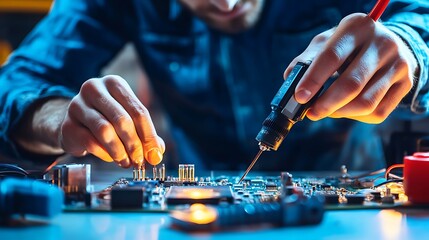 Poster - A person repairing a circuit board with tools in a workshop setting.