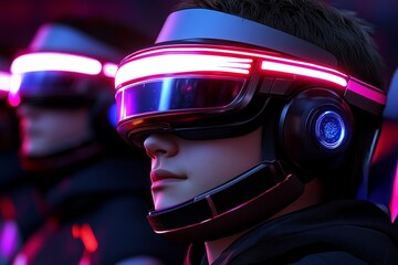 Aufkleber - A futuristic classroom with students using tablets and VR headsets, interactive digital screens all around