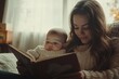 © andyaziz6 - A young mother reads a book to her baby while sitting on a couch by a window.