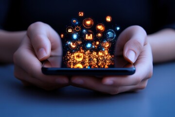 Poster - Close-up of hands using a smartphone with a holographic interface, displaying futuristic icons