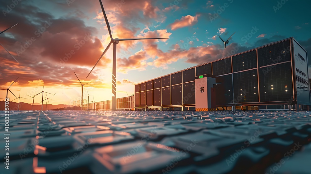 Wind and solar energy facility silhouetted against a vibrant sunset sky ...