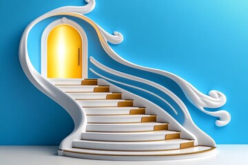 Poster - Digital 3D illustration of a staircase leading up to a bright doorway, symbolizing the path to success