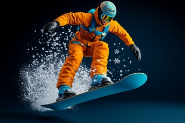 Poster - Digital 3D illustration of snowboarder in colorful gear, mid-air with snowflakes trailing off the board