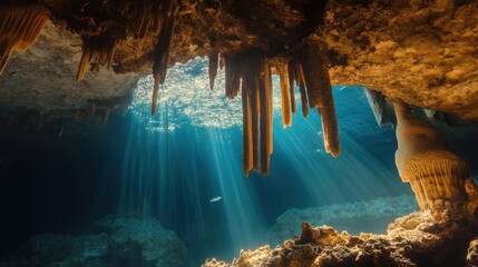 Poster - An extraordinary view of an underwater cave illuminated by sunlight streaming through openings, with crystal-clear water revealing intricate rock formations, Cave scene