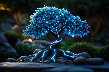 Poster - Fantasy tree with bioluminescent leaves and glowing roots, set in a mystical forest
