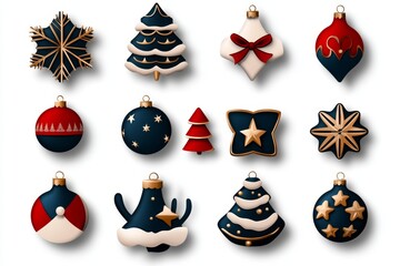 Poster - Flat 2D illustration of a set of holiday ornaments in different shapes and colors, festive and playful on a white background