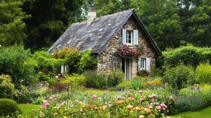 Poster - An idyllic view of a quaint stone cottage surrounded by a lush, blooming garden with colorful flowers and climbing roses, Stone cottage scene