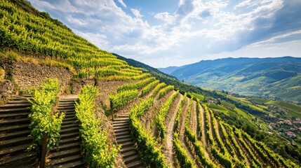 Poster - An idyllic view of a terraced vineyard on a hillside, with rows of grapevines leading down to a serene valley under a blue sky, Vineyard terrace scene