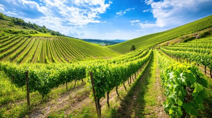 Poster - An idyllic view of a terraced vineyard on a hillside, with rows of grapevines leading down to a serene valley under a blue sky, Vineyard terrace scene