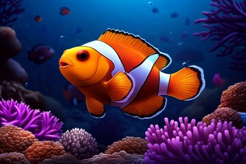 Poster - Pixel art of an underwater scene with colorful fish and coral, retro 8-bit style with bright blue background