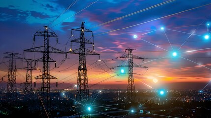 Poster - Silhouettes of electricity towers stand against vibrant sunset sky with glowing lines representing power grids interconnected network concept.