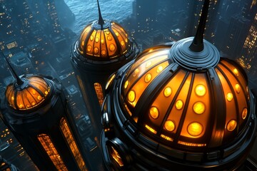 Aufkleber - Underwater city with glowing skyscrapers and domes, futuristic architecture with a glass-like ocean surface above