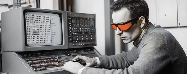 Poster - A man in glasses operates a vintage computer, showcasing technology's evolution.