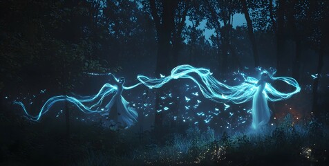 Aufkleber - Enchanting spirits dance through a mystical forest illuminating nature with ethereal light trails and whimsical butterflies