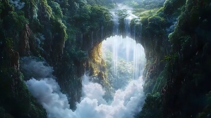 Poster - Discover the enchanting beauty of waterfalls flowing through lush green forests surrounded by misty clouds