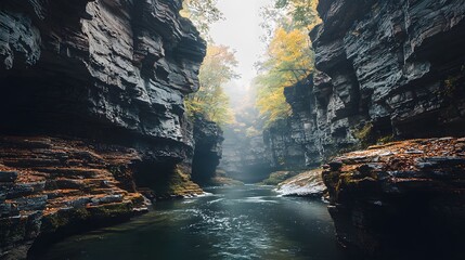 Poster - Discover the tranquil beauty of a misty river surrounded by majestic cliff walls in autumn colors