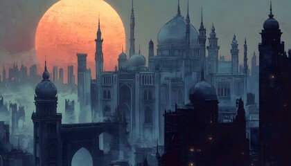 Wall Mural - A Cityscape with a Large Orange Moon and Silhouetted Minarets