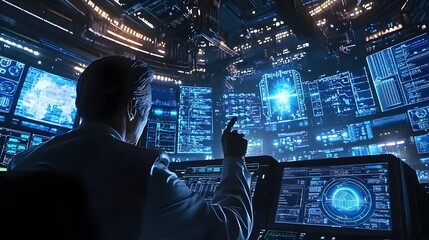 Aufkleber - Innovative scientist analyzes advanced data insights in futuristic control room environment