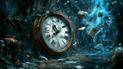 Poster - Explore the enigmatic world of time through a captivating clock surrounded by whirling elements of mystery and chaos