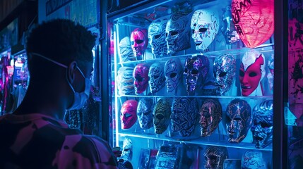 Poster - Explore the intriguing world of unique masks as a person delves into a vibrant display of creative designs