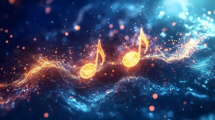 Leinwandbilder - Explore the enchanting world of music notes shimmering in a cosmic background of light and color