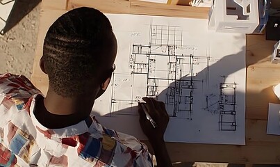 Poster - A person sketches architectural plans on a table outdoors, showcasing design work.