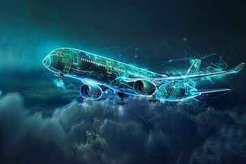 Poster - Digital airplane soaring through clouds with a futuristic design and high-tech elements showcasing advanced technology. Generative AI