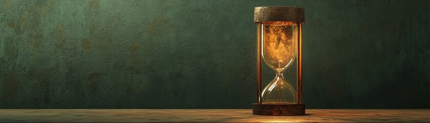 Poster - a vintage hourglass sits on a surface, with sand trickling through, illuminated against a textured g