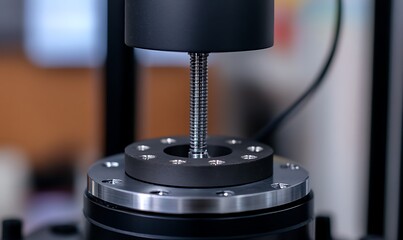 Poster - Close-up of a mechanical testing device with a threaded rod and circular base.