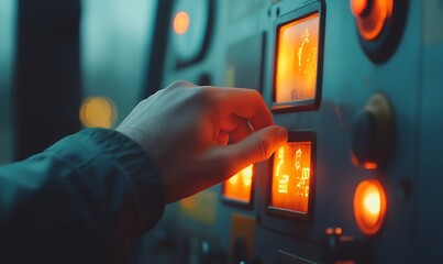 Poster - A hand adjusting controls on a panel with glowing indicators in a dimly lit environment.