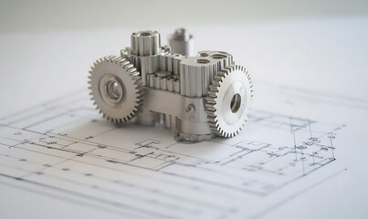 Poster - A metallic gear mechanism placed on a technical blueprint for engineering design.