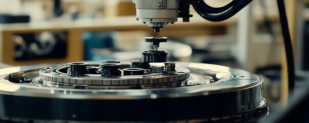 Poster - A close-up of a precision machine tool working on mechanical components.
