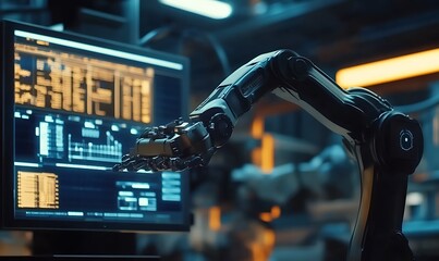 Poster - A robotic arm interacts with a computer screen displaying data and analytics.