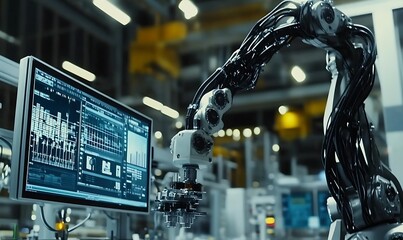 Poster - A robotic arm interacts with a digital display in a high-tech industrial setting.
