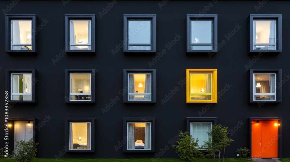 Nice Windows Communal Building Building facade shows a windows and rooms pattern at night The exterior ...
