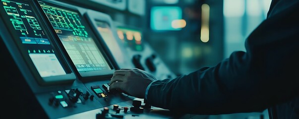 Poster - A hand operates control panels in a high-tech environment, suggesting monitoring or management.