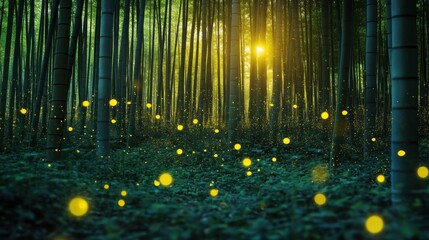 Poster - The ethereal glow of fireflies lighting up a secluded Japanese bamboo forest at twilight, Forest scene, Atmospheric style